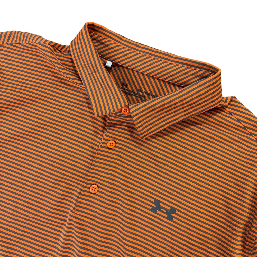 UNDER ARMOUR Polo Shirt Mens 2XL Orange Blue Striped Short Sleeve Golf